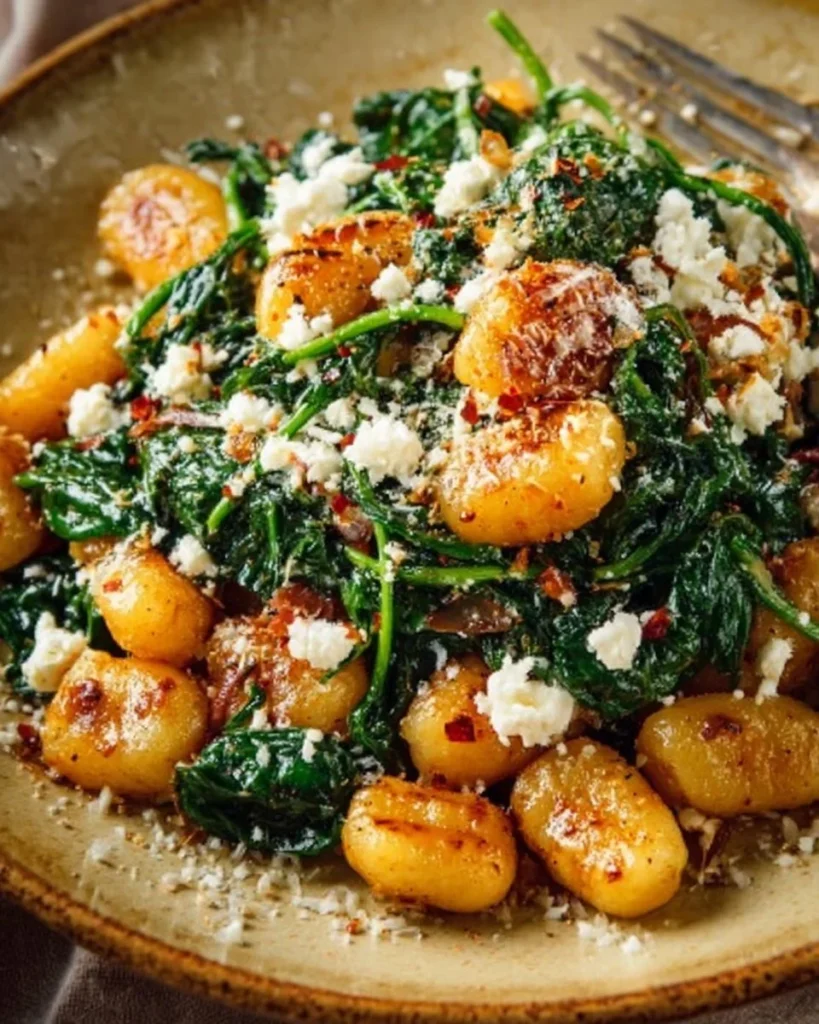 Plate of crispy gnocchi with spinach and feta cheese