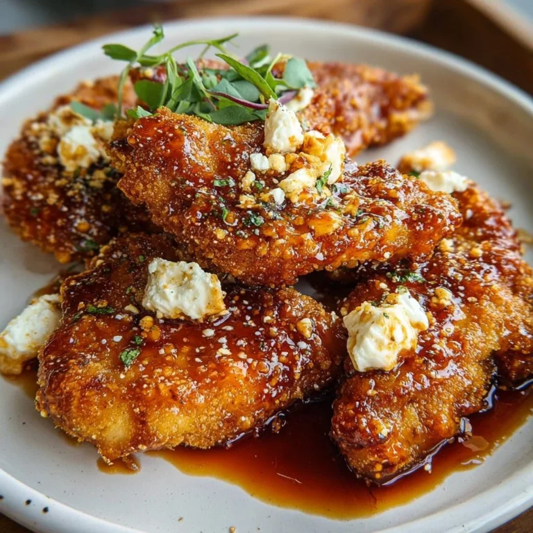 Crispy hot honey feta chicken served on a plate with fresh herbs
