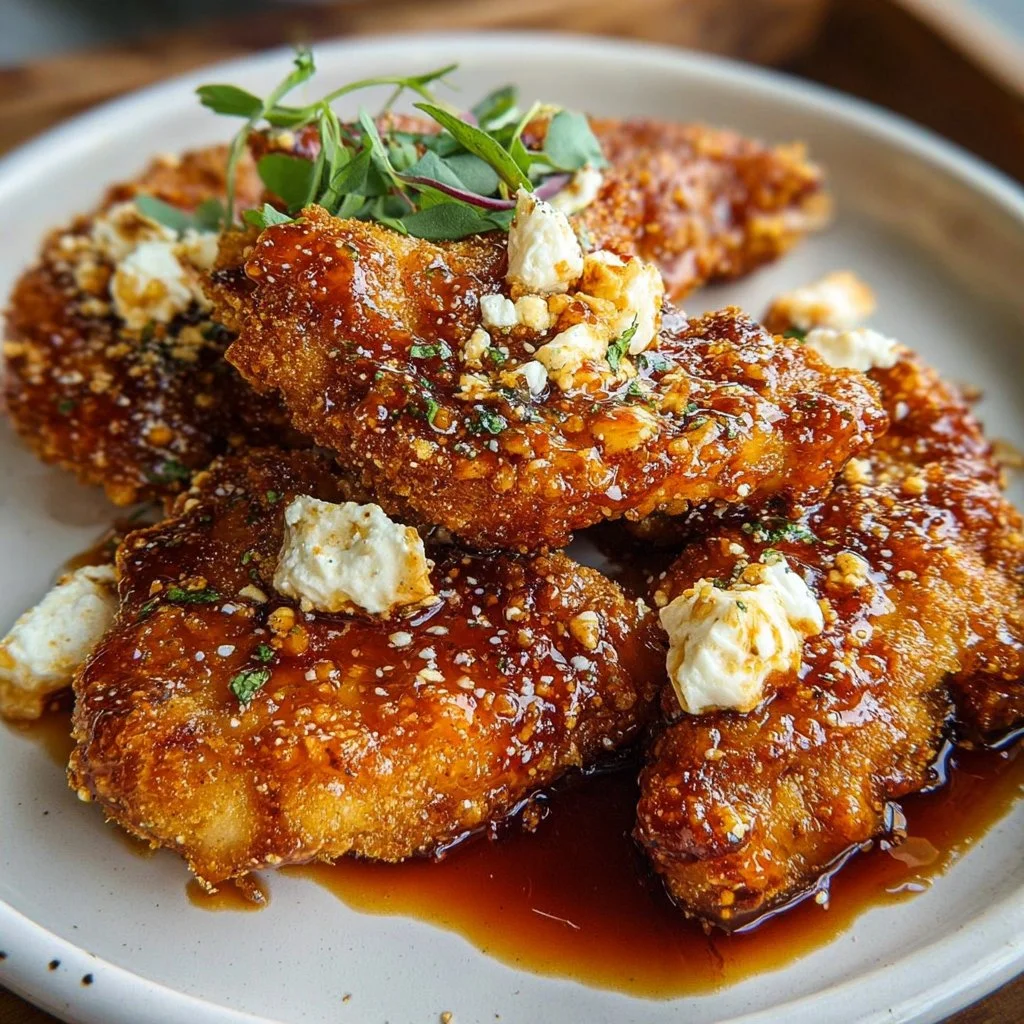 Crispy hot honey feta chicken served on a plate with fresh herbs