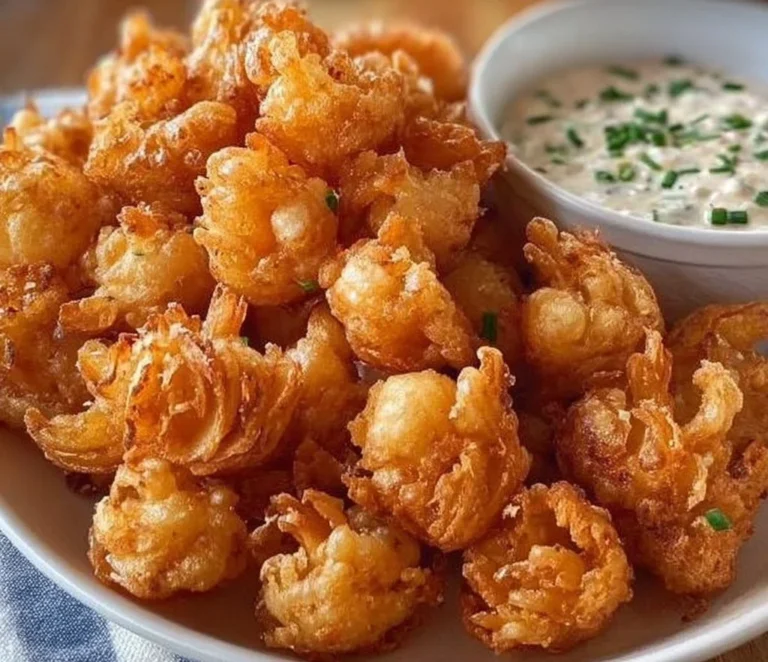 Crispy mini bloomin' onions with buttermilk ranch dip on a plate
