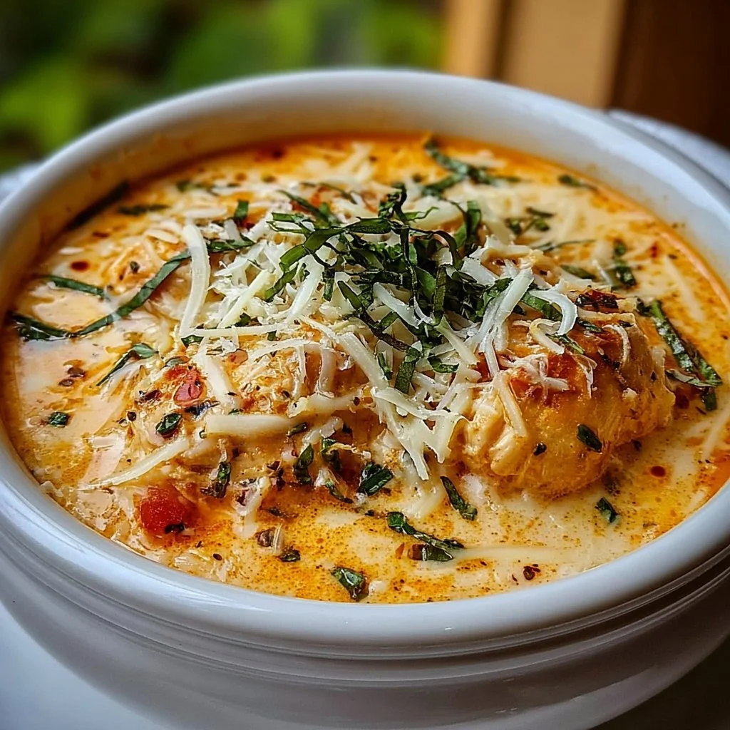 Bowl of Crock Pot Creamy Chicken Parmesan Soup with herbs and cheese