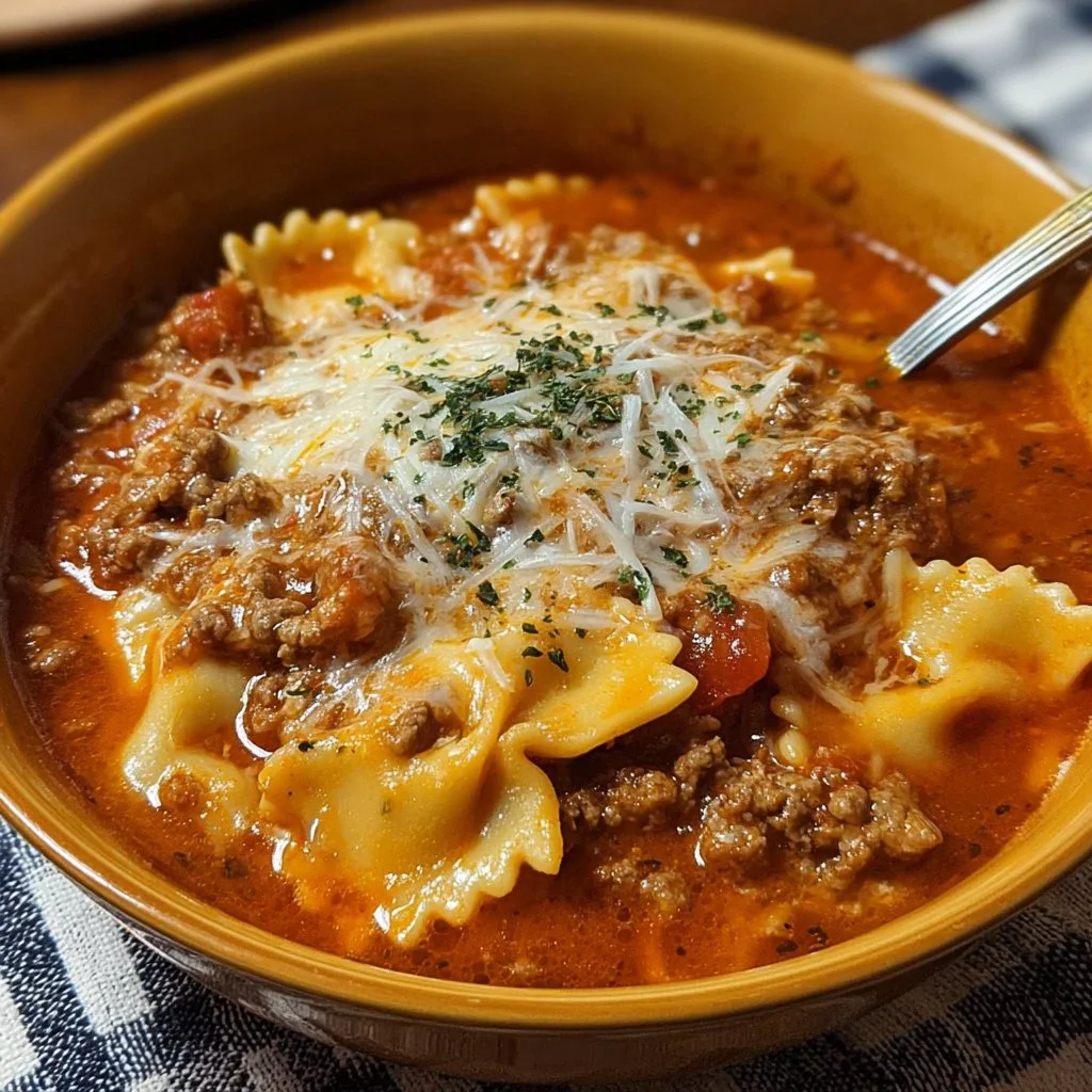 Delicious bowl of Crock Pot Lasagna Soup with cheese and herbs