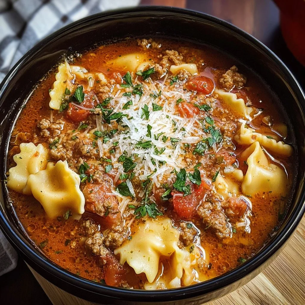 Crock Pot Lasagna Soup with melted cheese and fresh basil