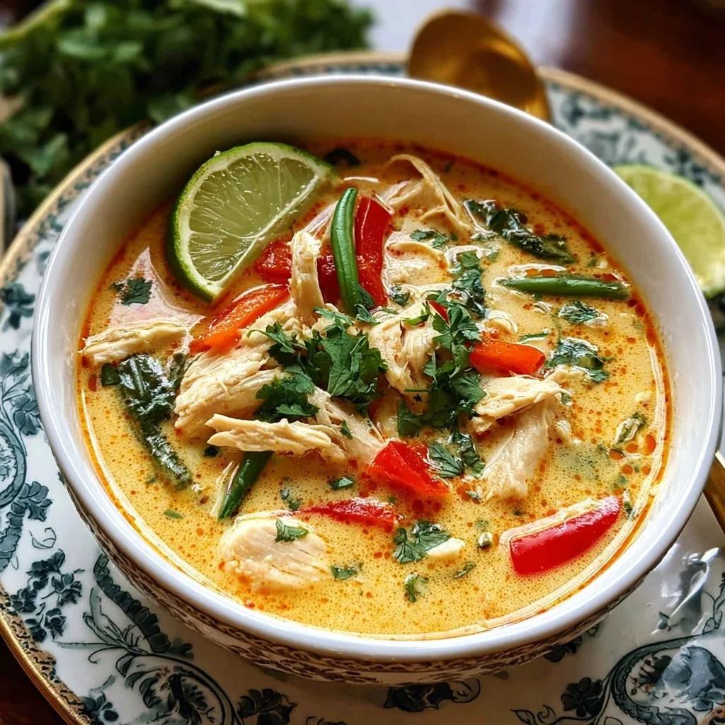 Delicious bowl of Crockpot Thai Coconut Chicken Soup garnished with herbs