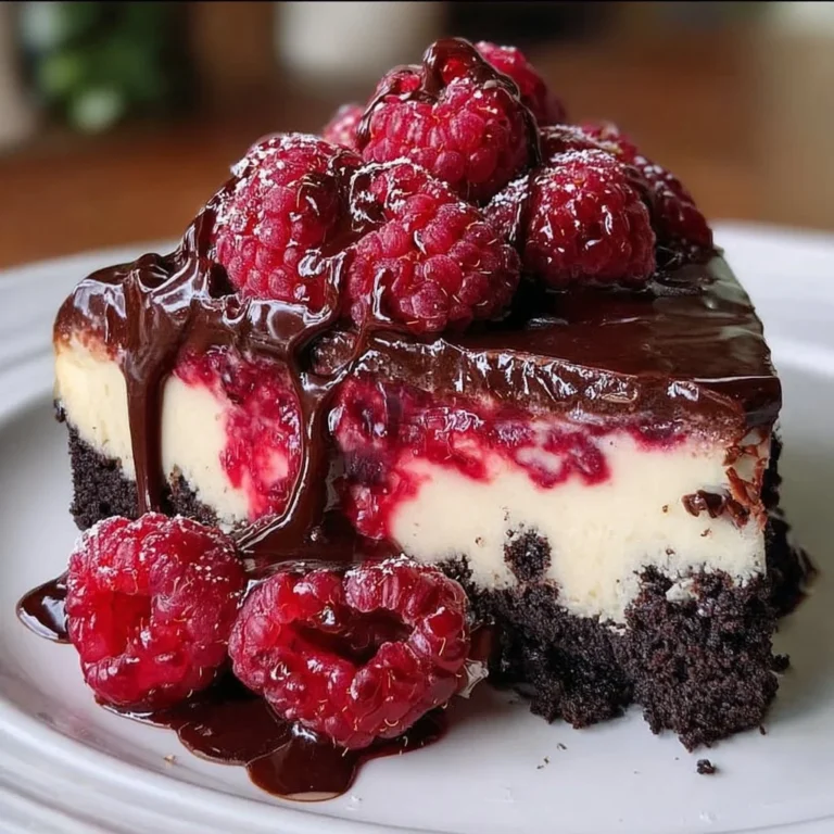 Delicious dark chocolate raspberry cheesecake with rich layers.