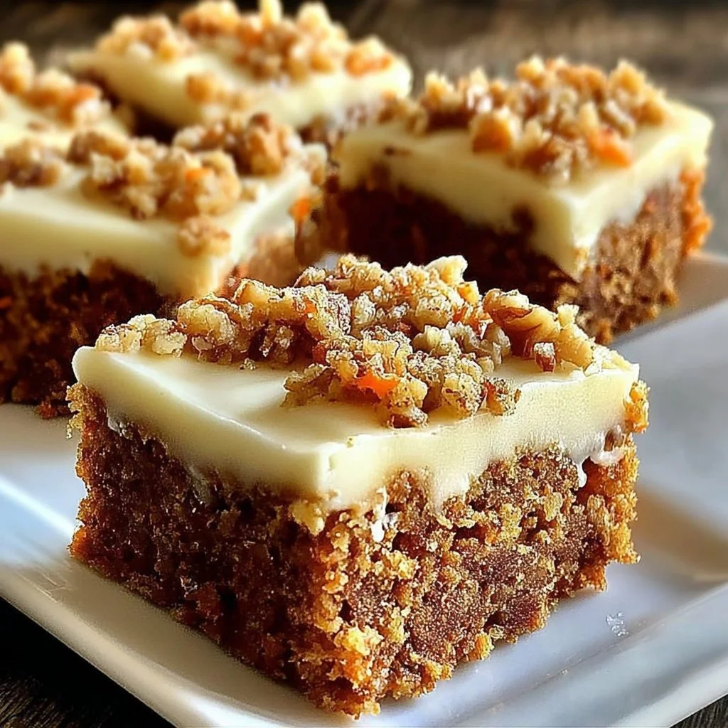 Decadent carrot cake bars with rich cream cheese frosting cut in squares