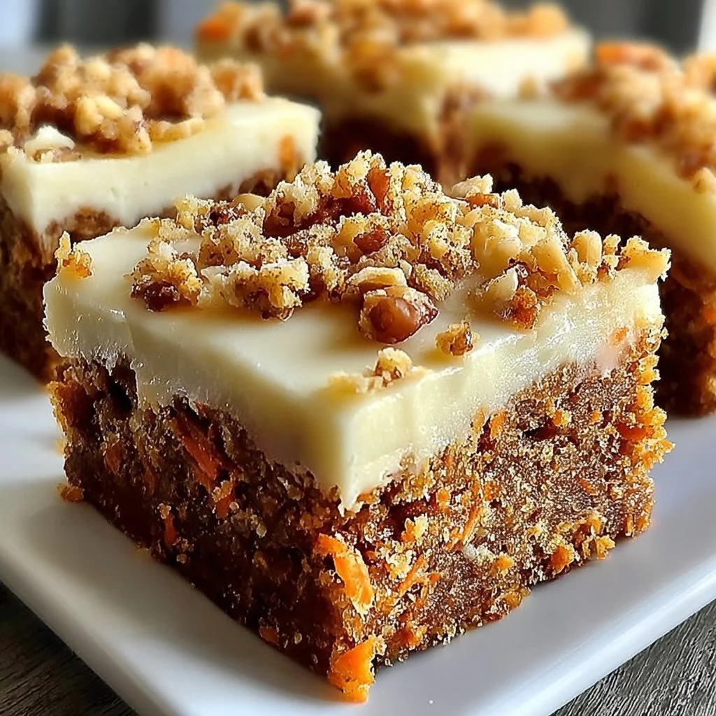 Decadent carrot cake bars with cream cheese frosting displayed on a white plate