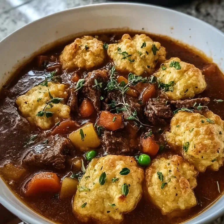 A hearty bowl of delicious beef stew and dumplings served hot.