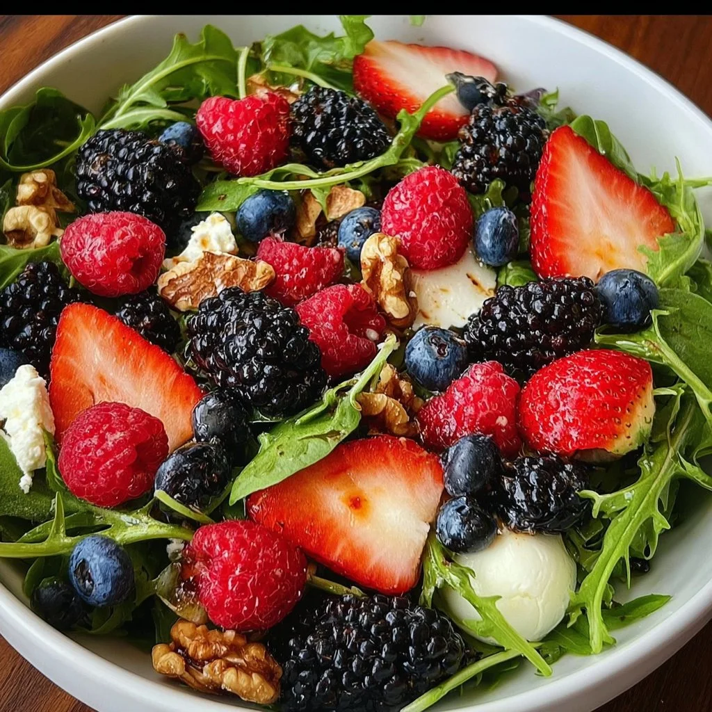 Colorful breakfast salad with fresh greens, fruits, and nuts