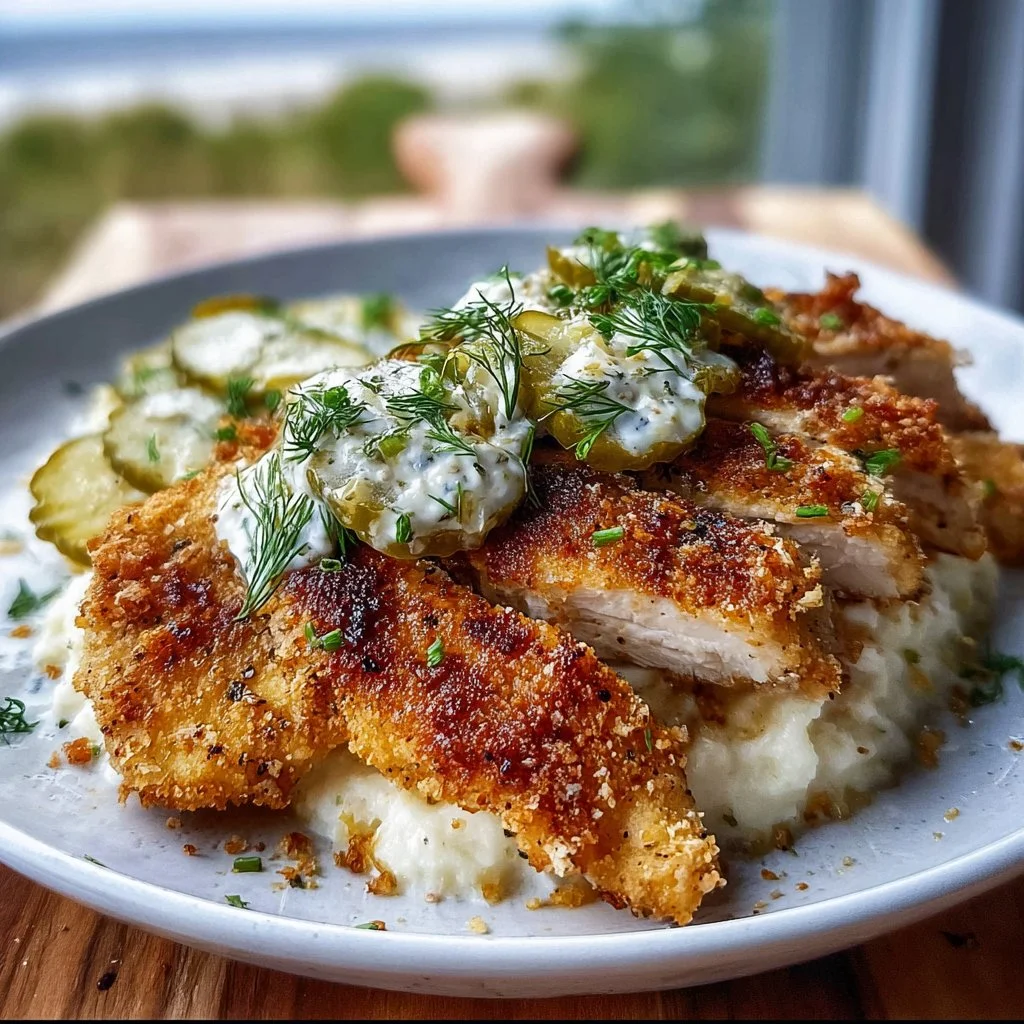 Dill Pickle Parmesan Chicken garnished with fresh dill and served on a plate