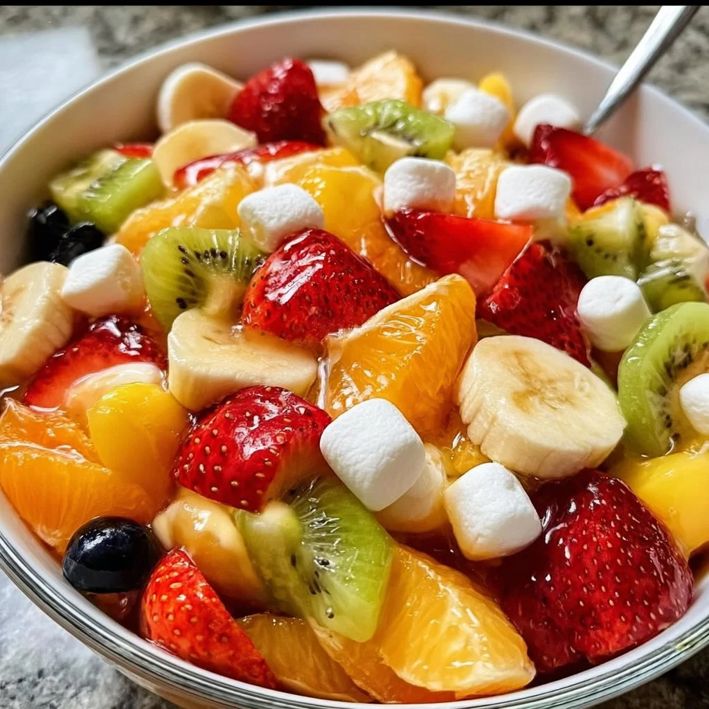 Easter Fruit Salad with Peach Pie Filling in a colorful bowl