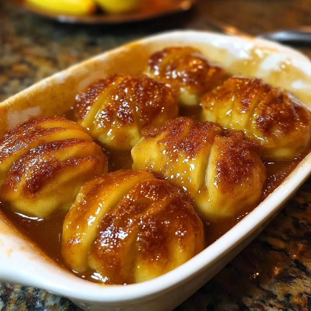 Easy apple dumplings baked until golden and served with a warm sauce