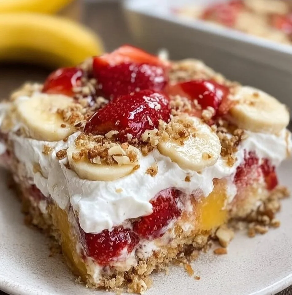 Delicious Easy Banana Split Dump Cake served in a bowl with toppings.