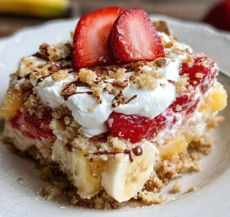 Easy Banana Split Dump Cake topped with bananas, whipped cream, and cherries.
