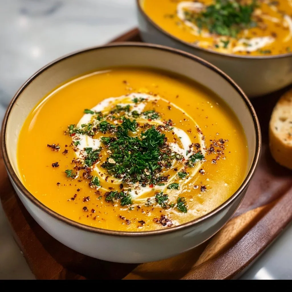 Bowl of creamy butternut squash and sweet potato soup garnished with herbs.