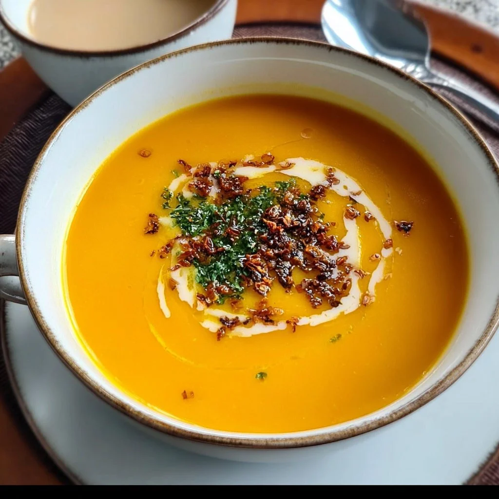 Bowl of creamy butternut squash and sweet potato soup garnished with herbs