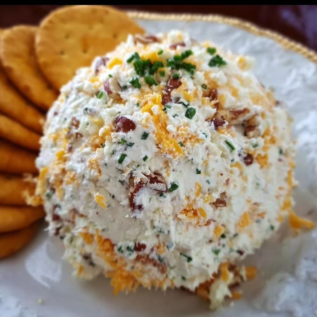 Delicious easy cheese ball served with crackers and veggies