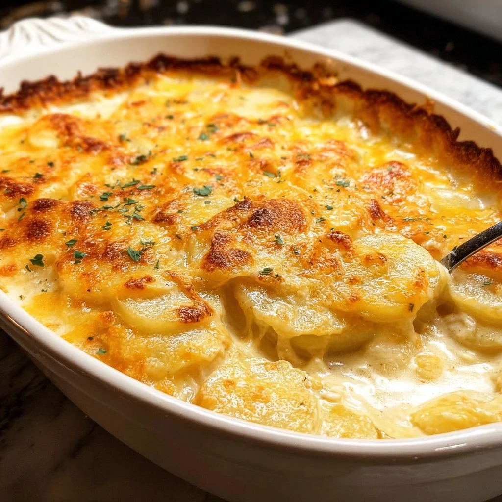 Delicious easy cheesy scalloped potatoes baked to perfection