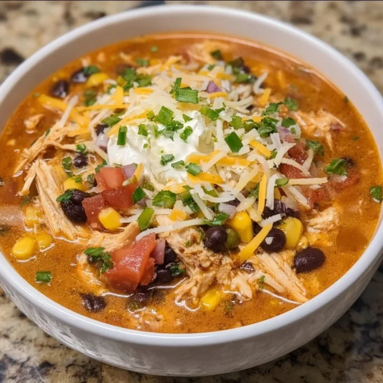 Bowl of easy chicken taco soup garnished with cilantro and avocado