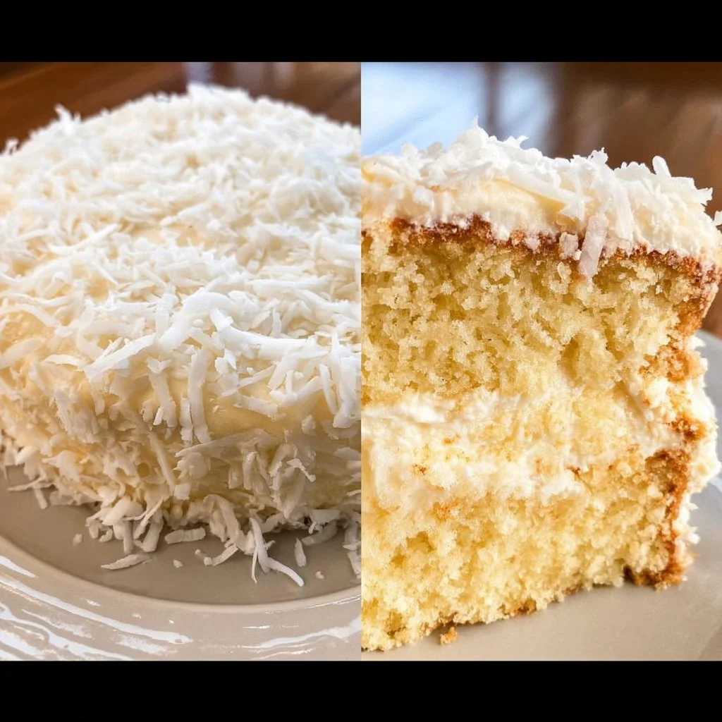 Deliciously frosted easy coconut cake with coconut flakes on top