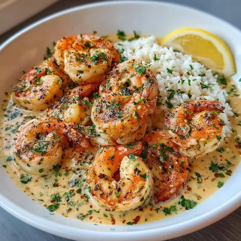 Plate of easy creamy garlic shrimp garnished with parsley and served with rice.