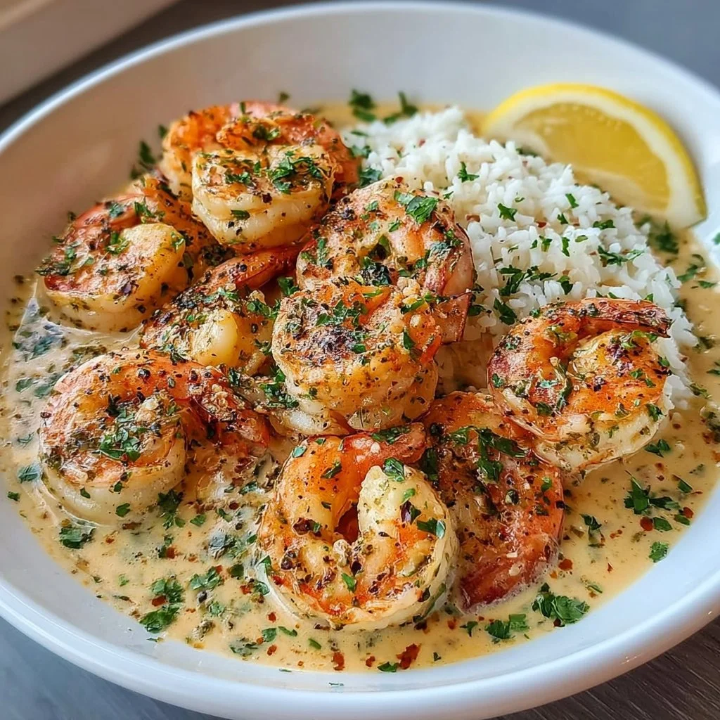Plate of easy creamy garlic shrimp garnished with parsley and served with rice.