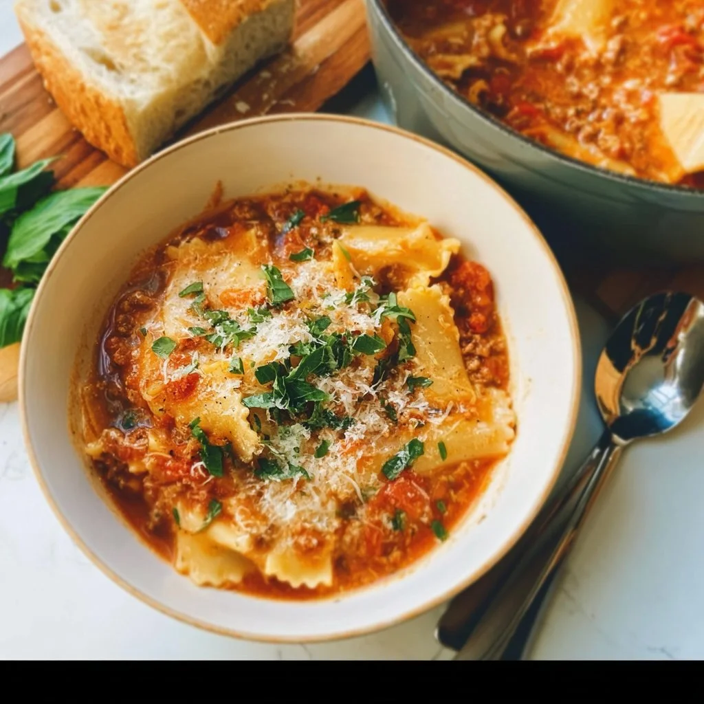 Bowl of creamy lasagna soup garnished with cheese and herbs.