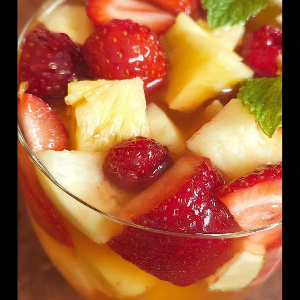 A colorful bowl of easy fruit salad with Sprite, showcasing vibrant fruits.