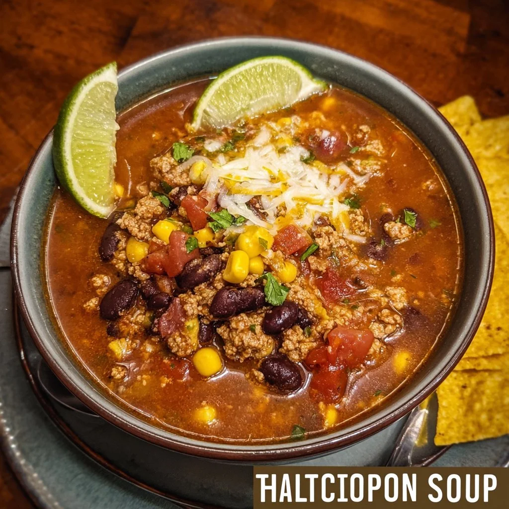 Bowl of easy high protein taco soup garnished with cilantro and avocado.