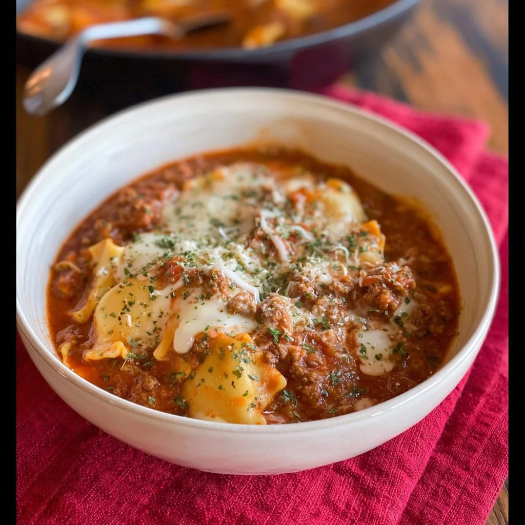 Bowl of easy lasagna soup without ricotta, topped with herbs and cheese.