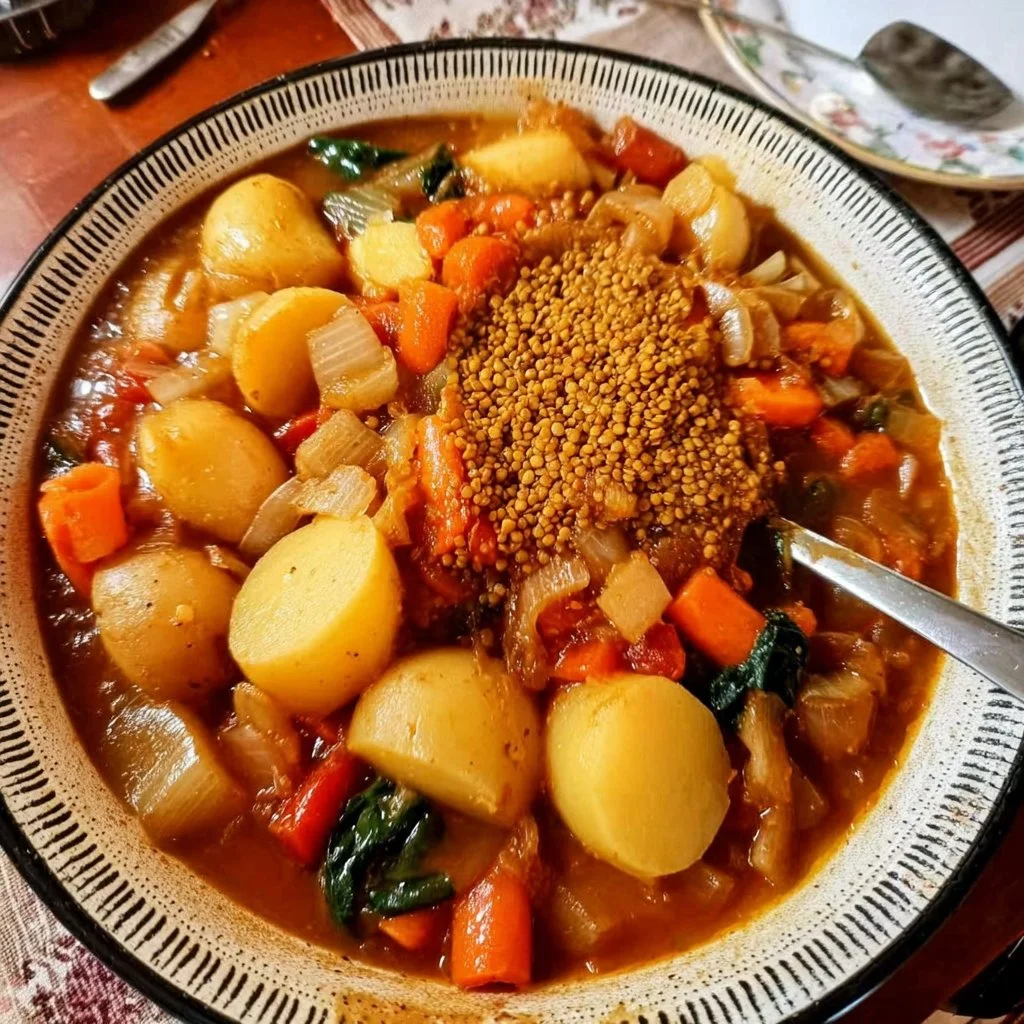 Delicious one pot vegetable stew with colorful veggies and herbs