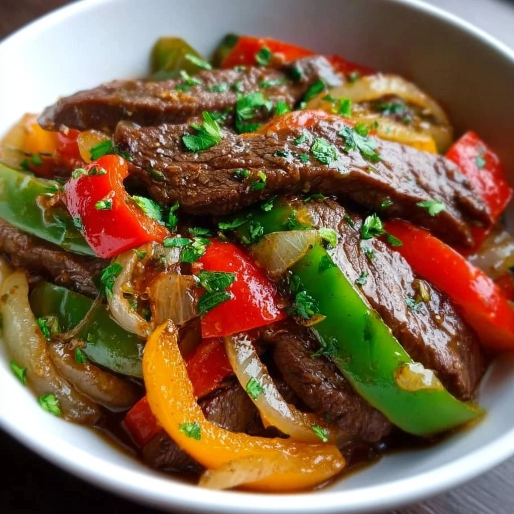 Delicious easy pepper steak served with bell peppers and rice.
