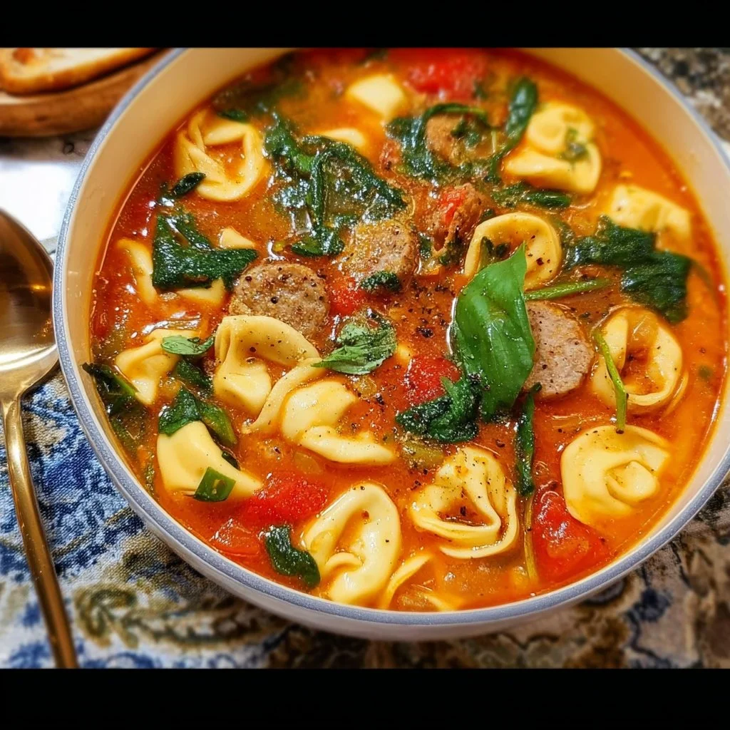 Bowl of easy sausage spinach tortellini soup with fresh ingredients.