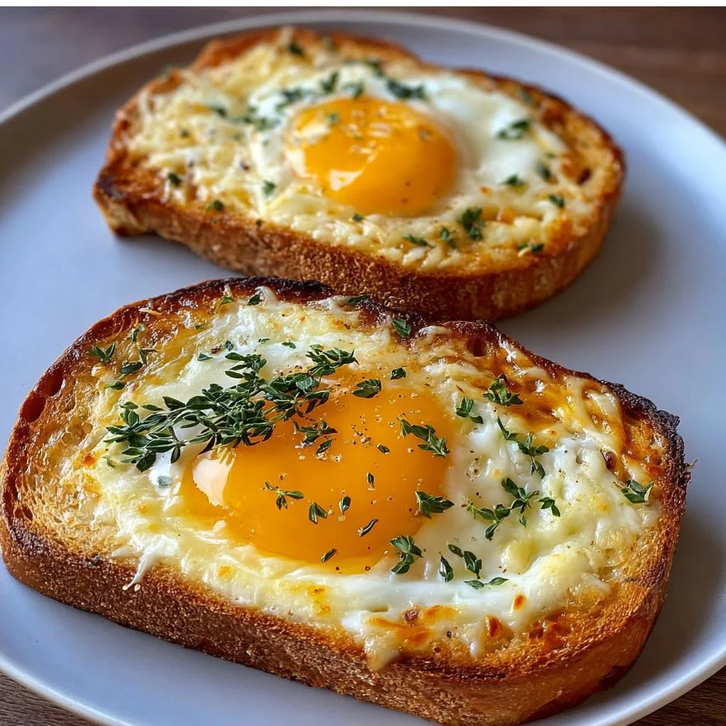 Plate of Egg and Cheese Toasts topped with herbs, ready for breakfast