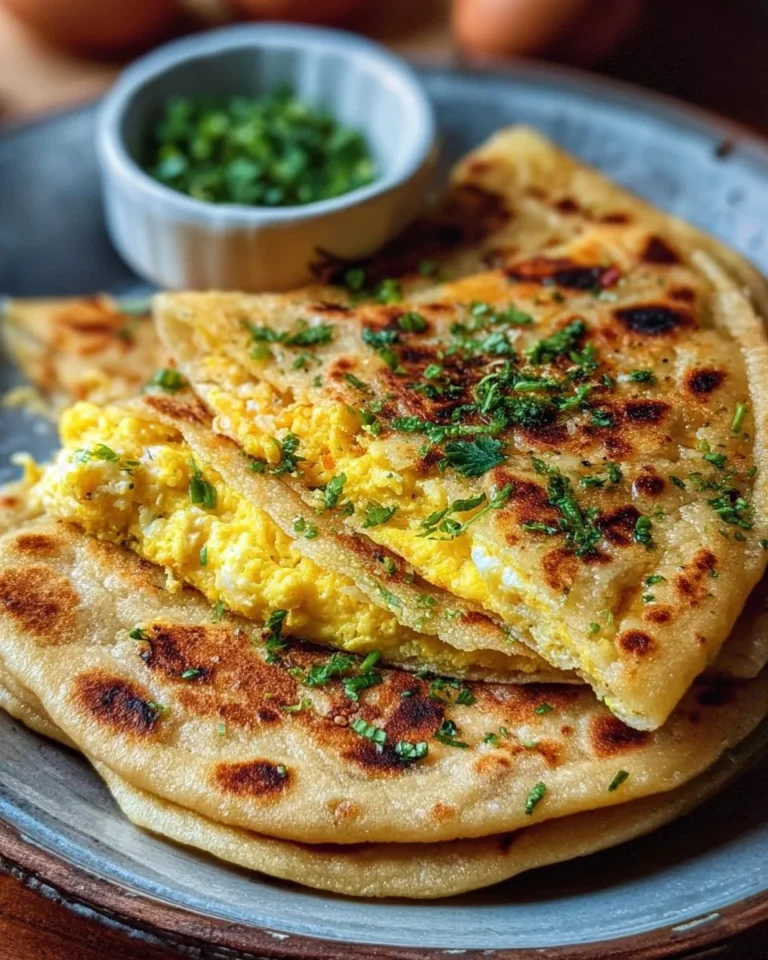 Plate of freshly made Egg Paratha with herbs and spices