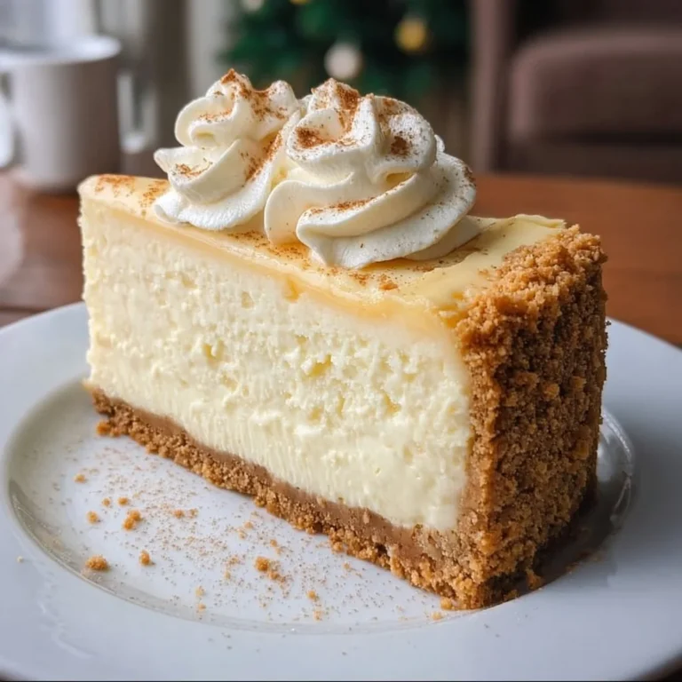Delicious homemade eggnog cheesecake topped with whipped cream and nutmeg