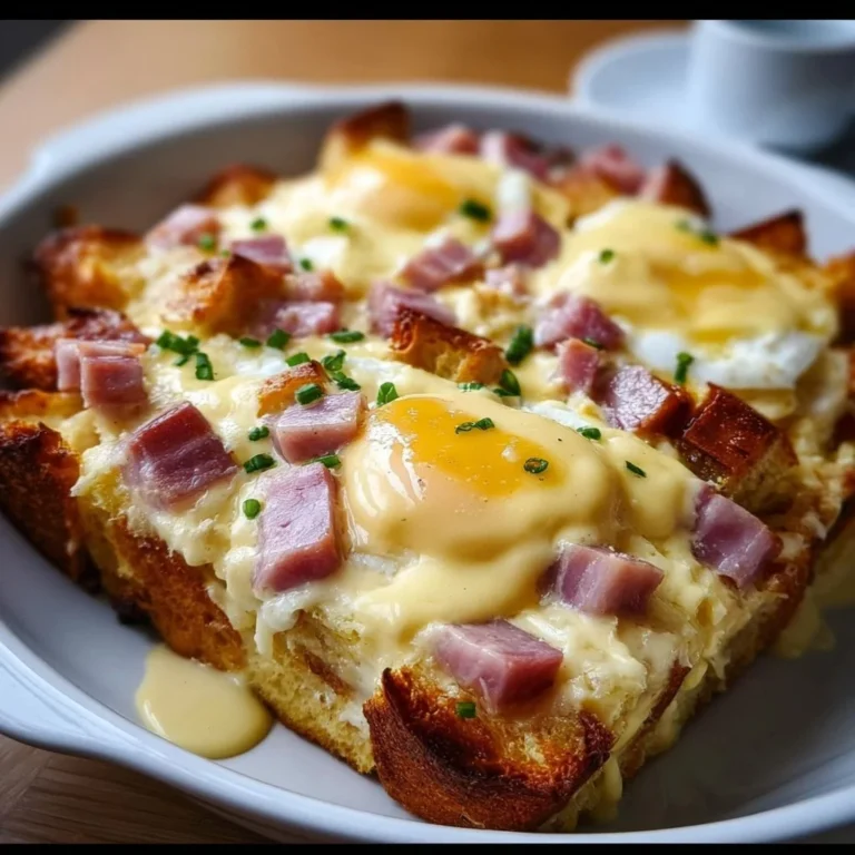 Delicious Eggs Benedict Casserole topped with hollandaise sauce and garnished with herbs.