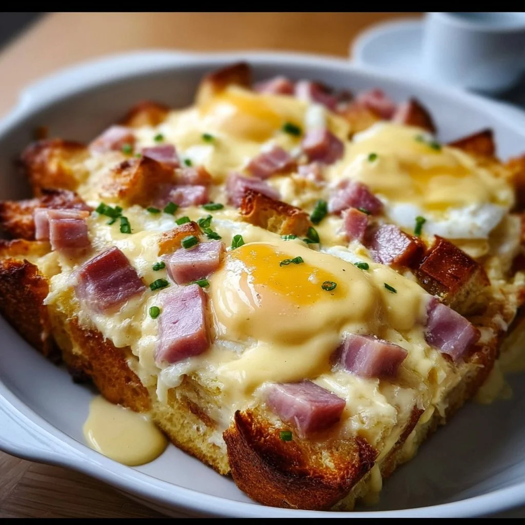 Delicious Eggs Benedict Casserole topped with hollandaise sauce and garnished with herbs.