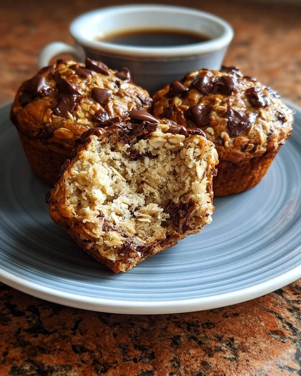 Freshly baked oatmeal chocolate chip muffins on a wooden table