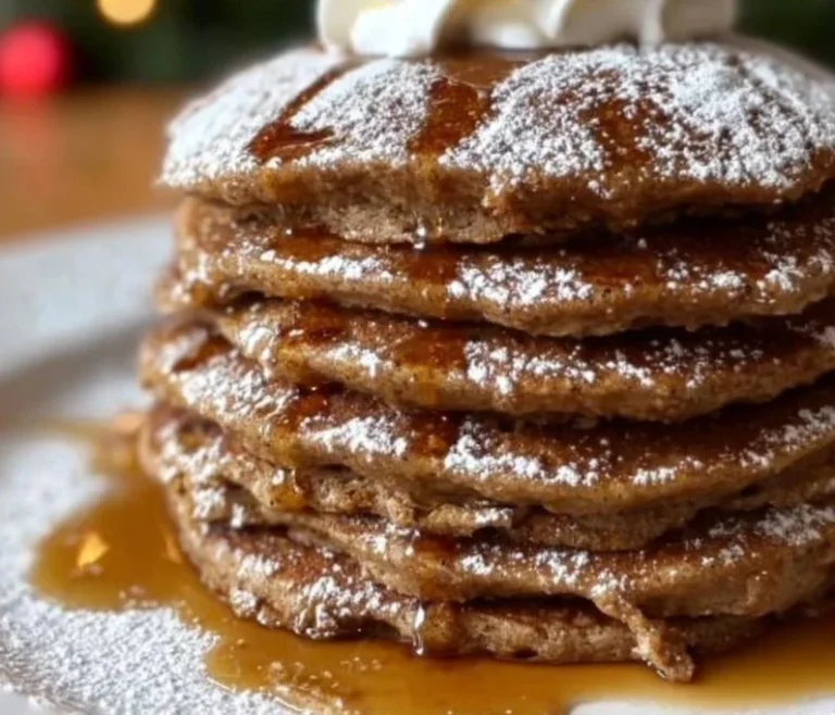 Stack of festive gingerbread pancakes drizzled with syrup and decorated with spices.