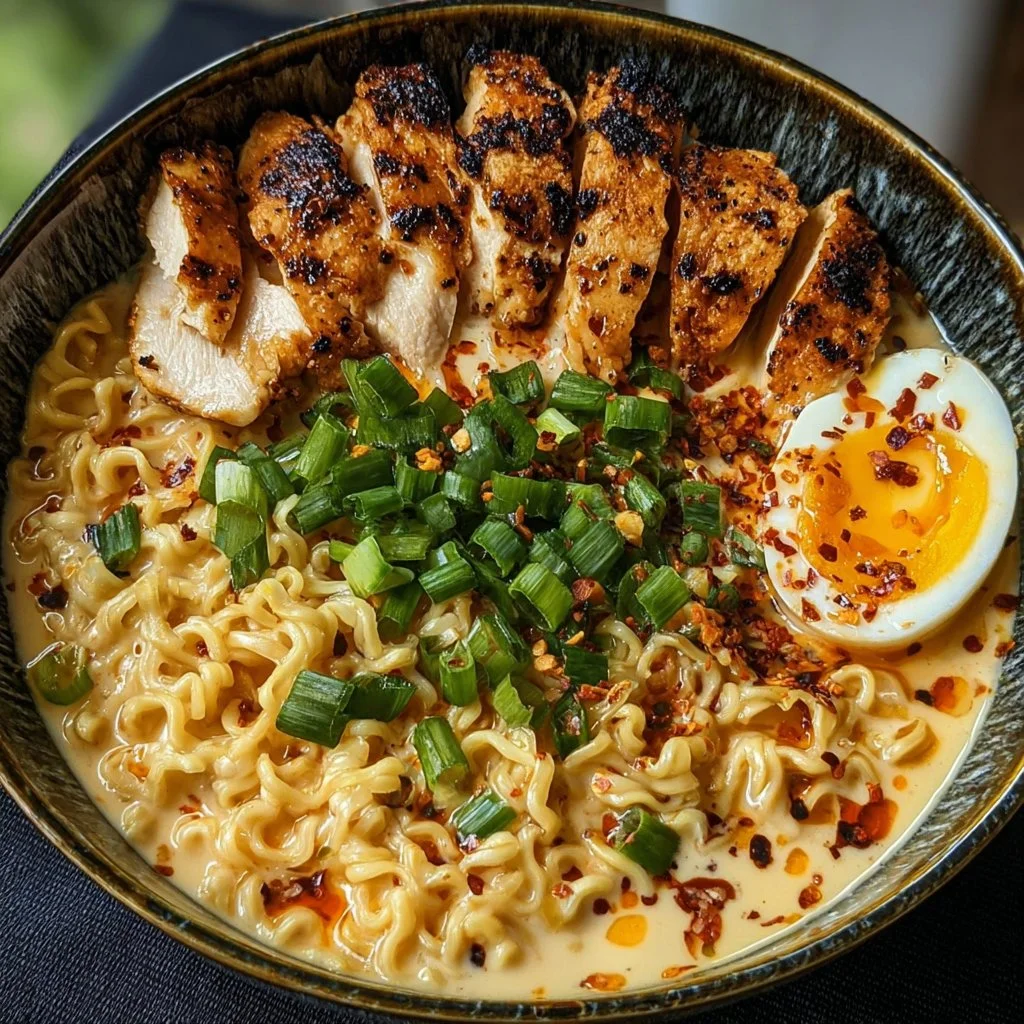 Bowl of fiery chicken ramen topped with creamy garlic sauce and fresh herbs