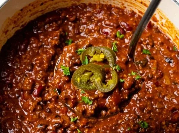 Delicious award-winning chili recipe served in a bowl for Game Day