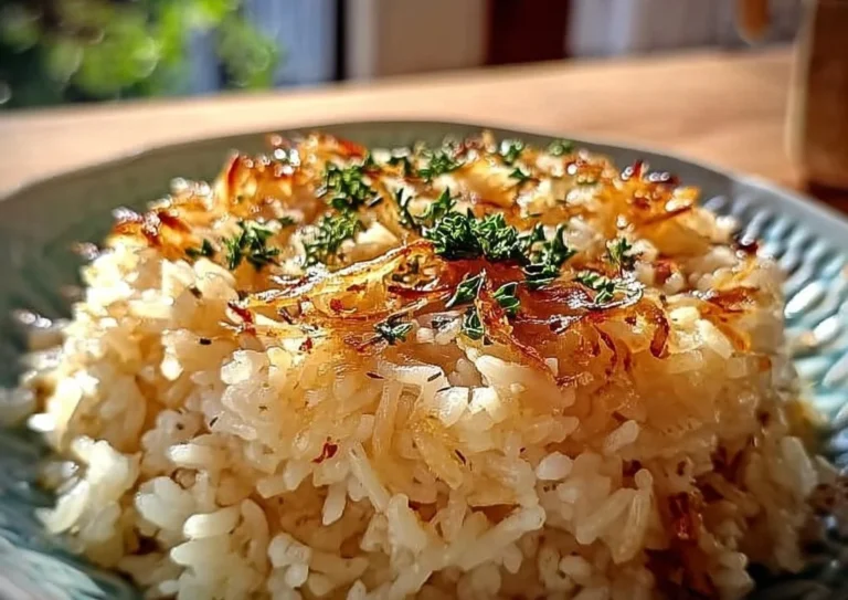 Delicious bowl of creamy French Onion Butter Rice garnished with herbs