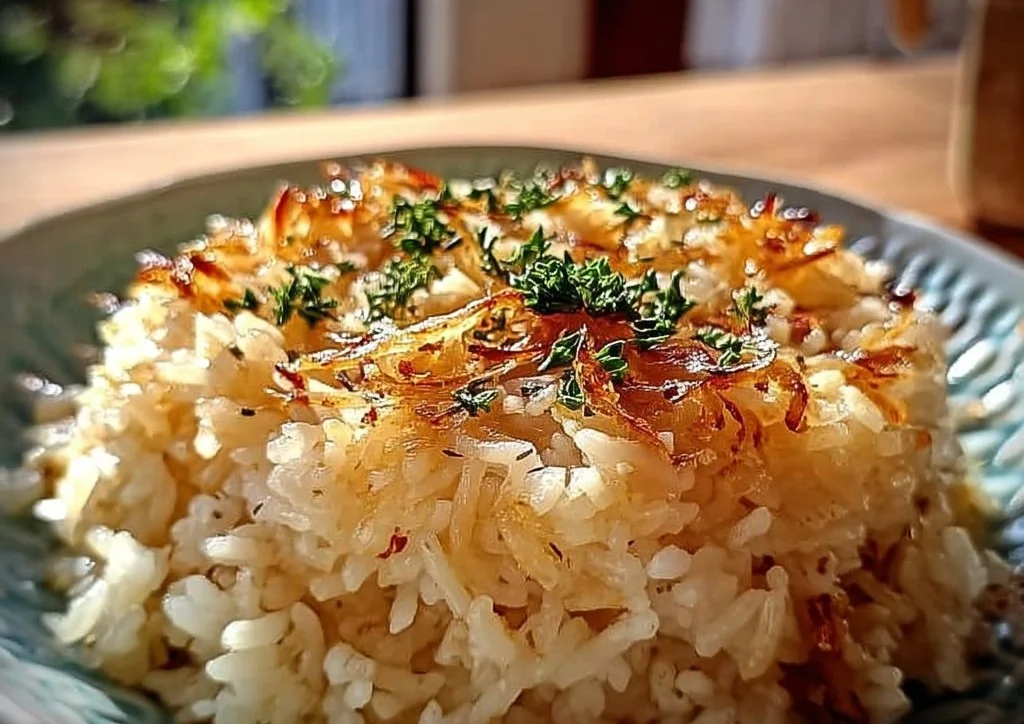 Delicious bowl of creamy French Onion Butter Rice garnished with herbs