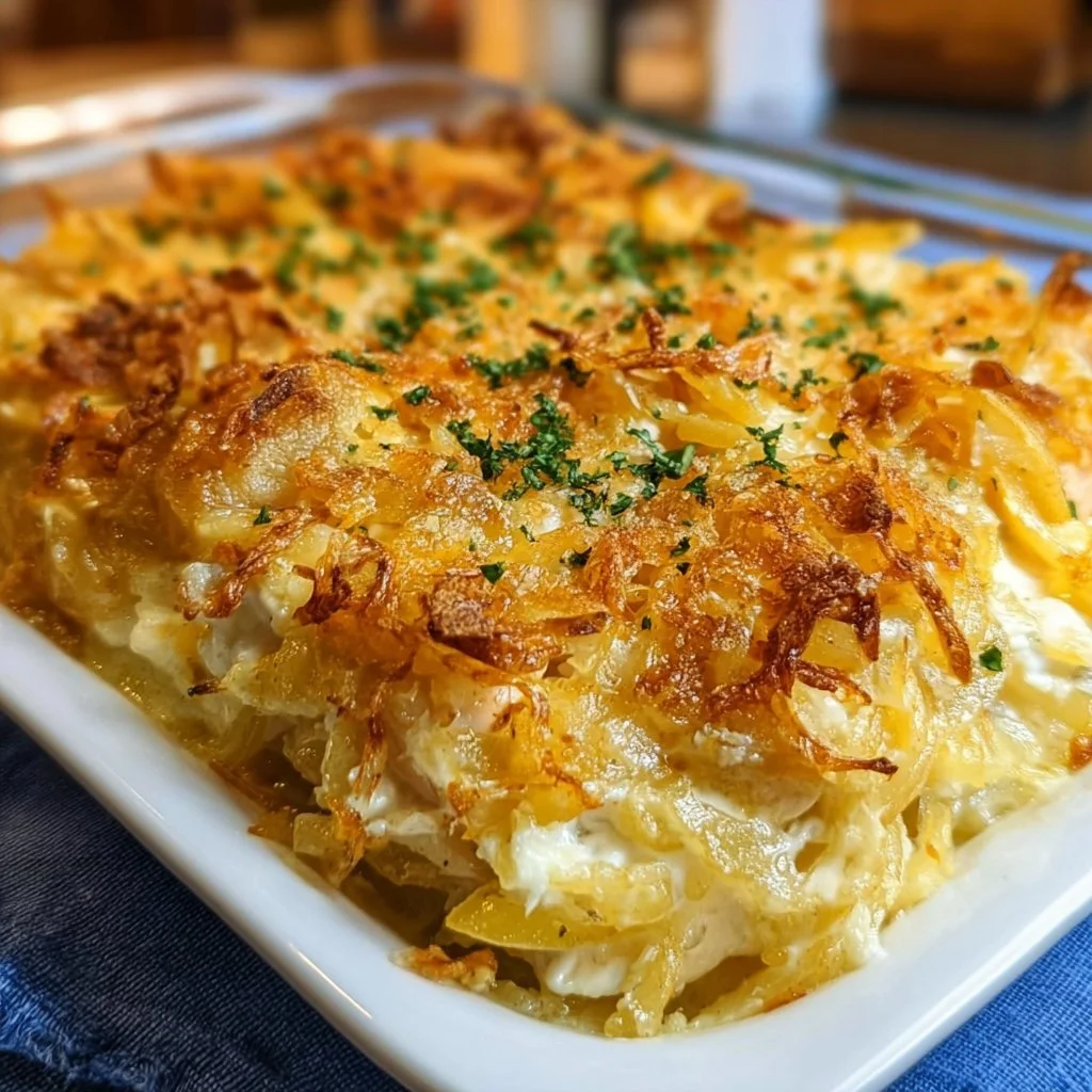 French Onion Chicken Casserole topped with melted cheese and herbs
