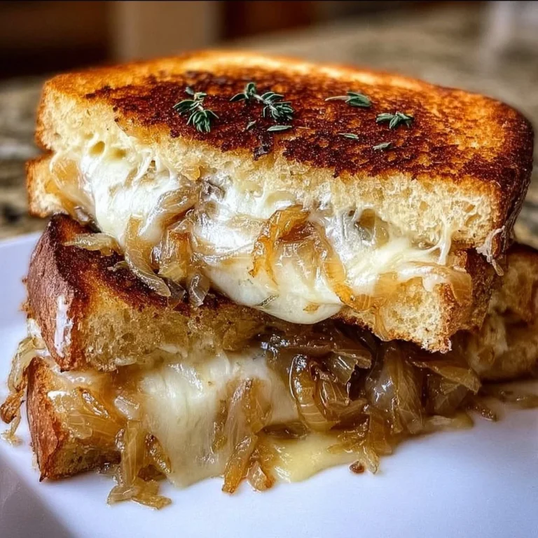 Delicious French onion grilled cheese sandwich with melted cheese and caramelized onions