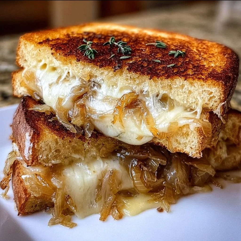Delicious French onion grilled cheese sandwich with melted cheese and caramelized onions