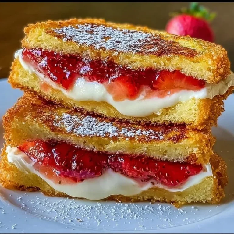 Fried strawberry cheesecake sandwiches served on a plate with fresh strawberries