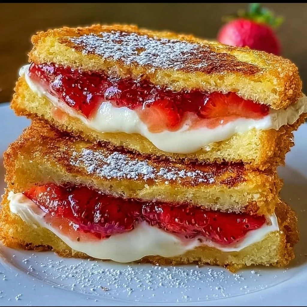 Fried strawberry cheesecake sandwiches served on a plate with fresh strawberries