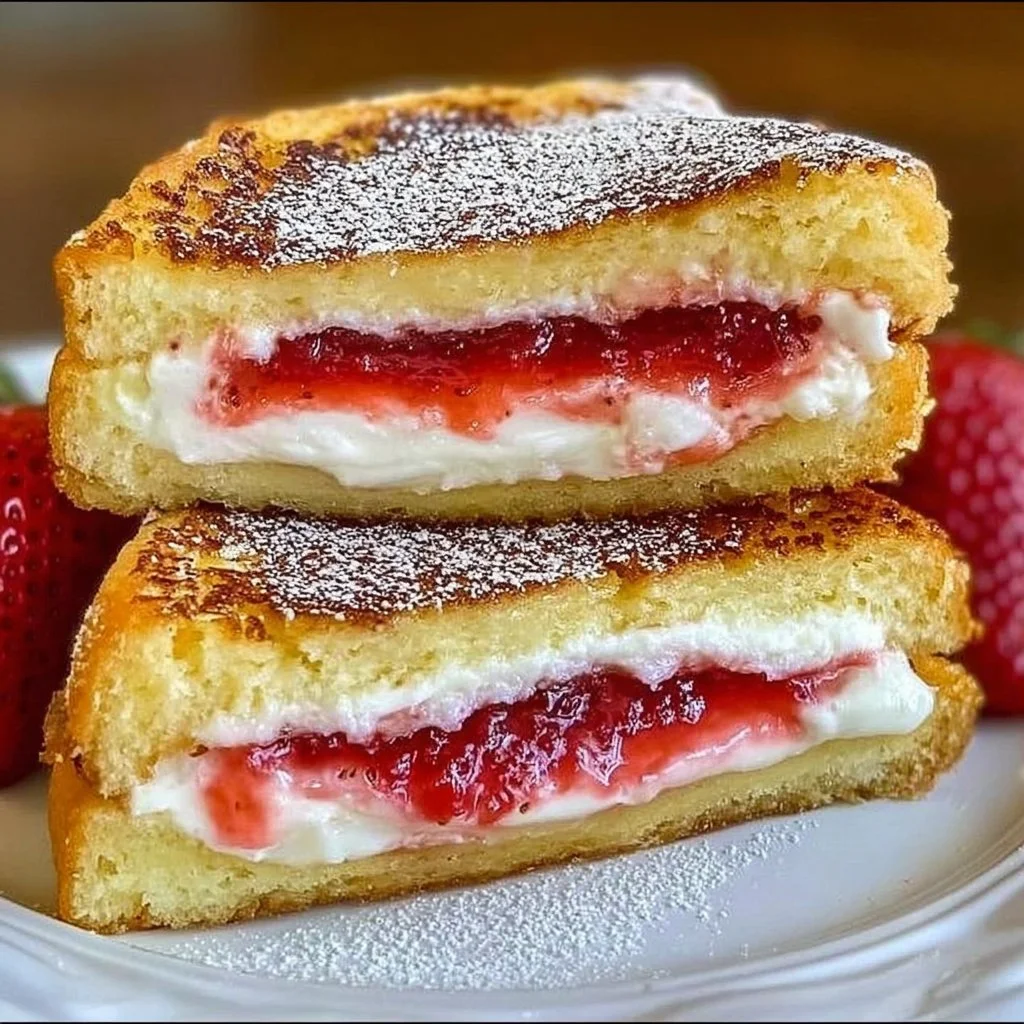 Delicious fried strawberry cheesecake sandwiches on a plate, perfect for dessert lovers.